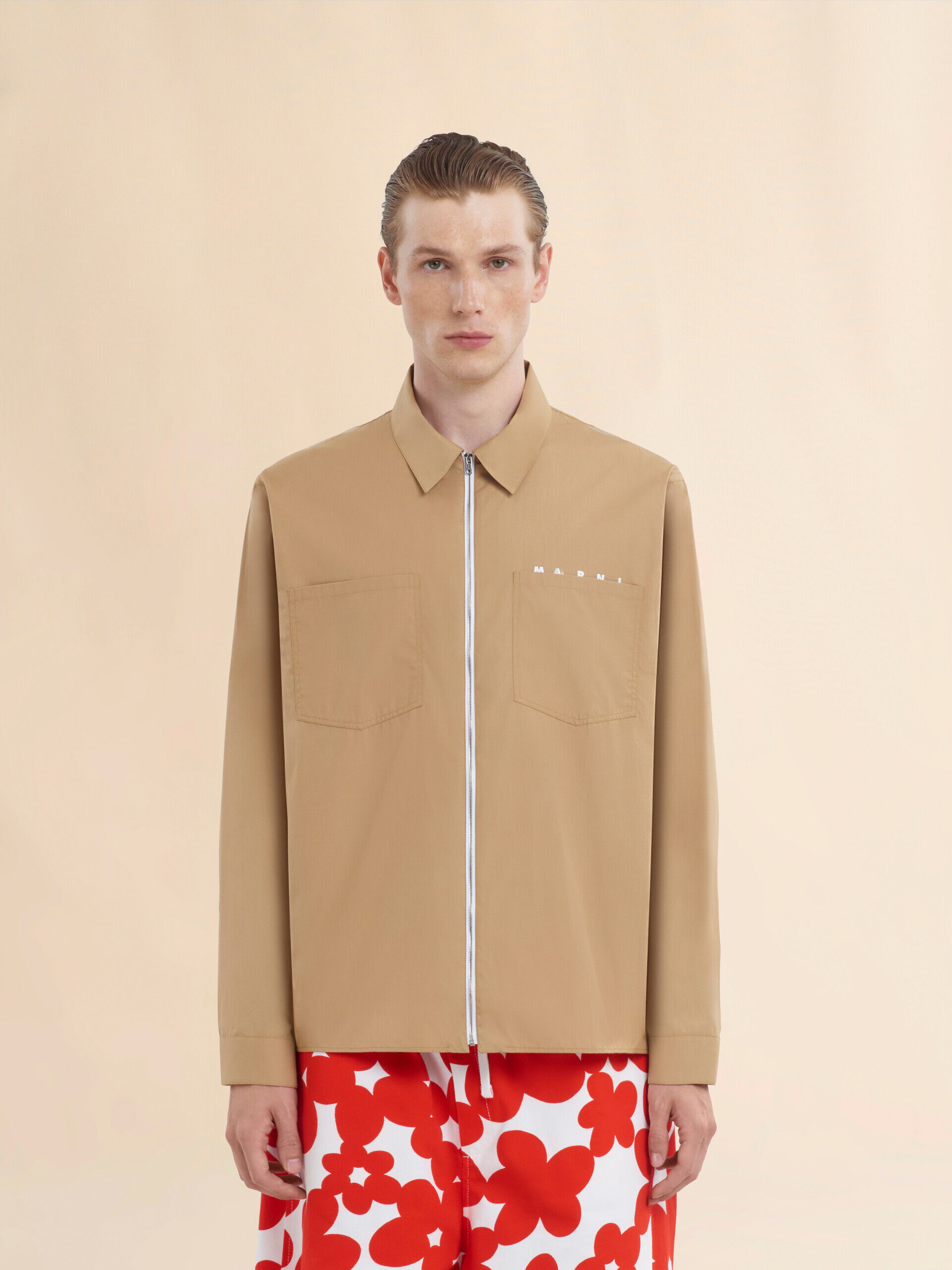 Beige organic poplin zip shirt with hidden logo | Marni