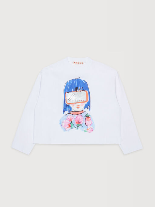 White long-sleeved cotton T-shirt with goggle girl print - T-shirts