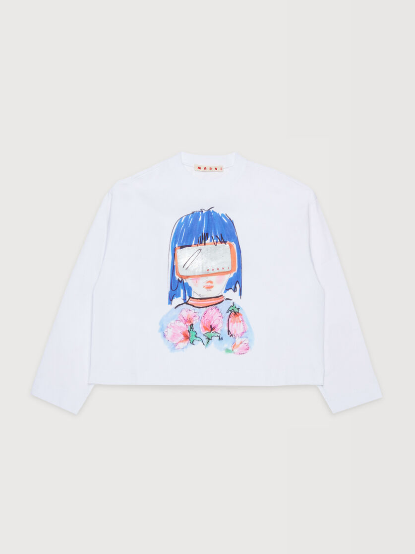 White long-sleeved cotton T-shirt with goggle girl print, Image 1