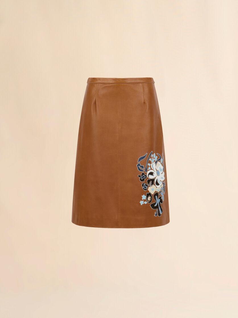 Brown leather skirt with flower intarsia, Image 1