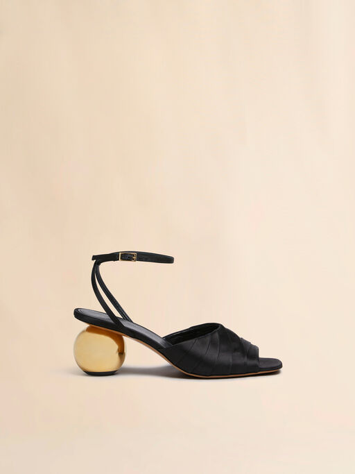 Black folded satin sandal with spherical heel - Sandals