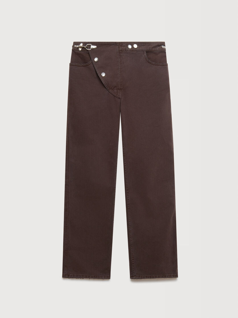 Purple drill trousers with asymmetric flap, Image 1