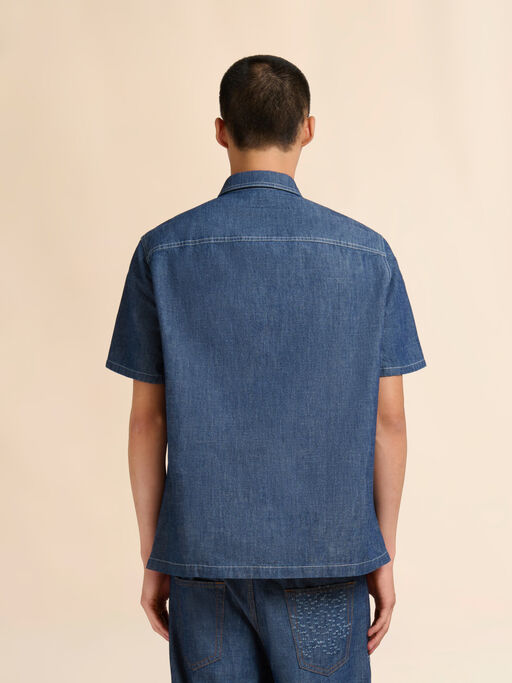 Blue chambray short-sleeved shirt with frayed sun motif - Shirts