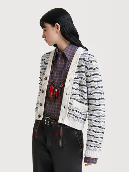 White and blue mixed stitch wool cardigan - Pullovers