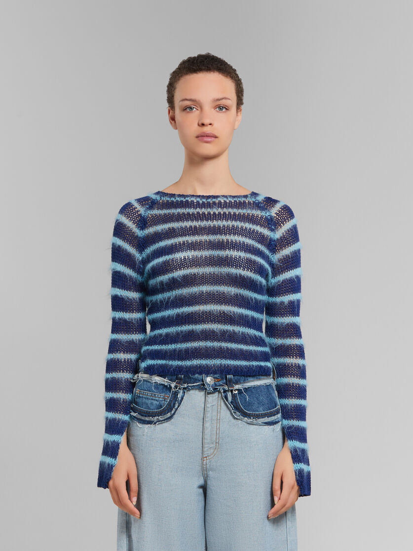 Blue boat-neck jumper with mohair stripes - Pullovers - Image 2