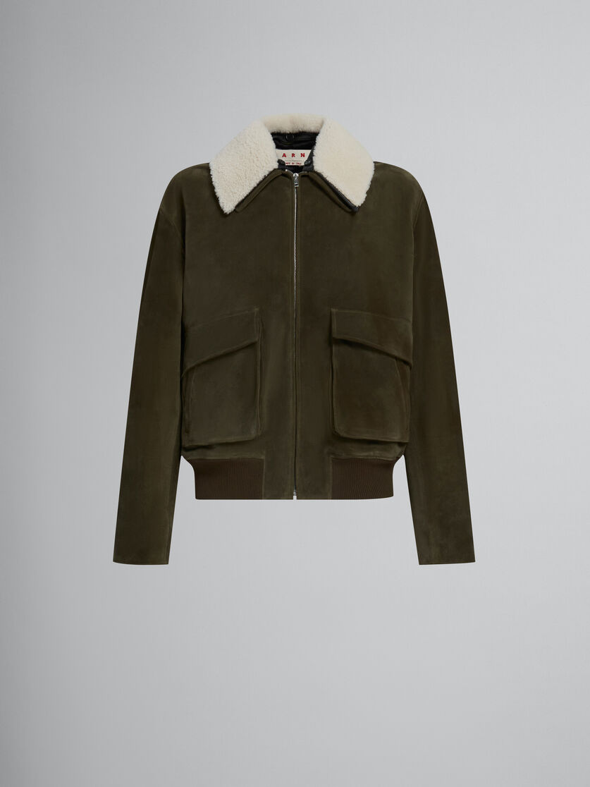 グリーン スエード製ジャケット、シアリング製カラー | Marni