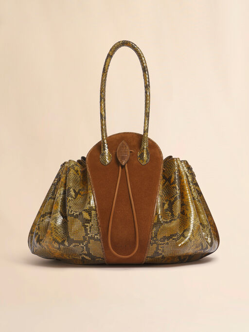 Brown suede and python-print leather Tulipea large handbag - Shoulder Bags