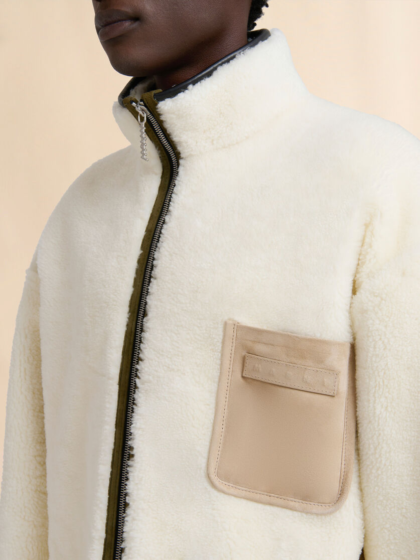 Cream shearling jacket with leather piping - Jackets - Image 4