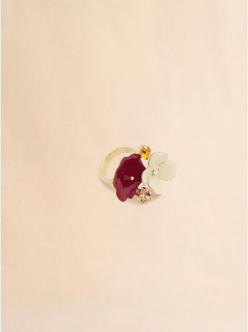 Cream and burgundy enamel flower ring with rhinestones - Rings