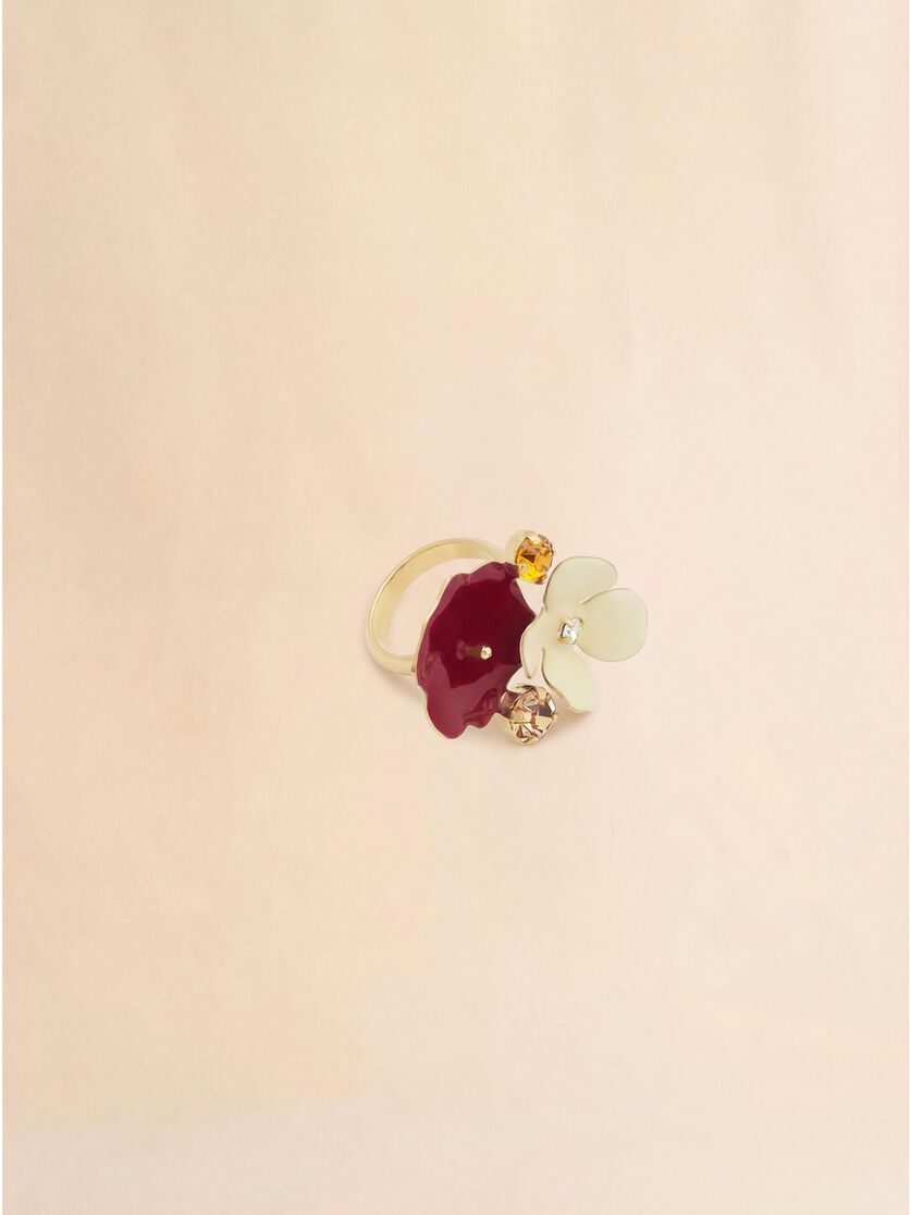 Cream and burgundy enamel flower ring with rhinestones, Image 1