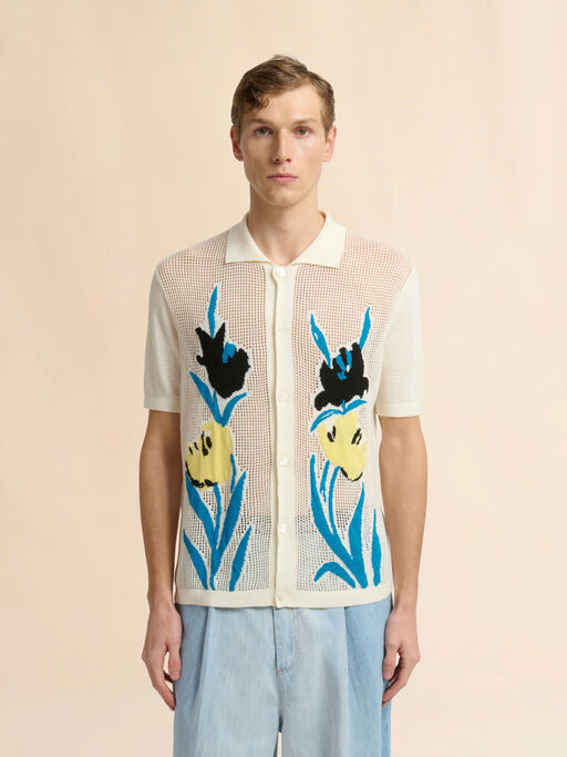 クリーム コットン製メッシュカーディガン、フローラルインターシャ - プルオーバー