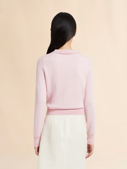 Pink wool-silk polo shirt with jacquard check - Shirts