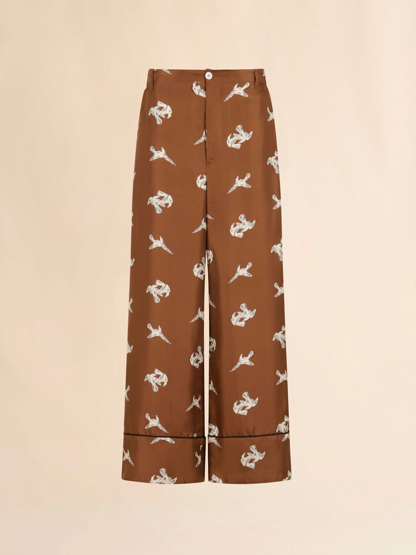 ブラウン シルクツイルパンツ カラスプリント入り - パンツ - Image 1