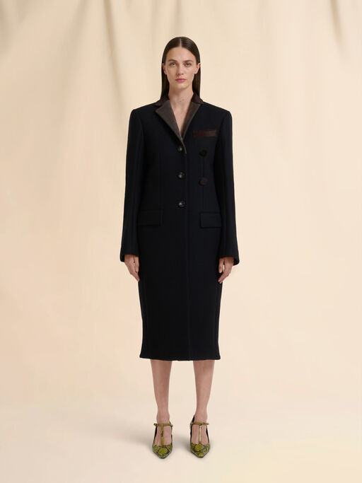 Black wool felt coat with leather details - Coats