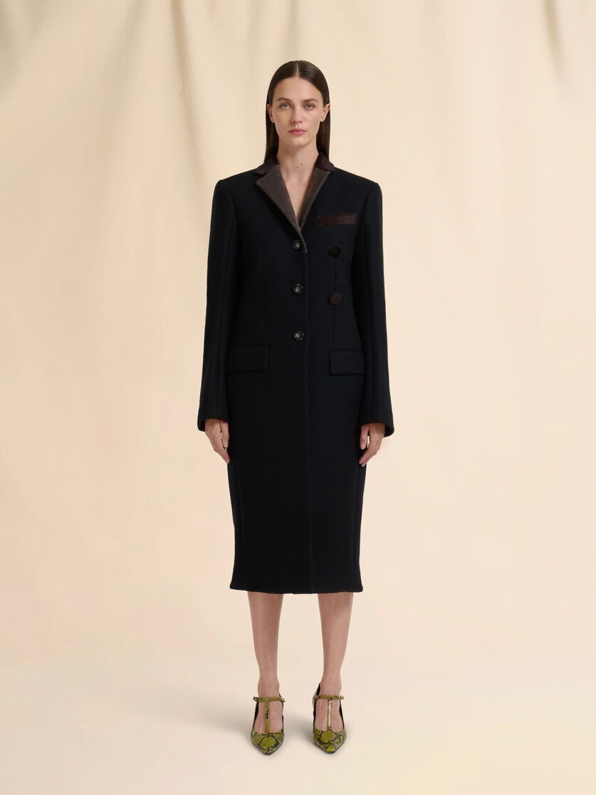 Black wool felt coat with leather details - Coats - Image 2
