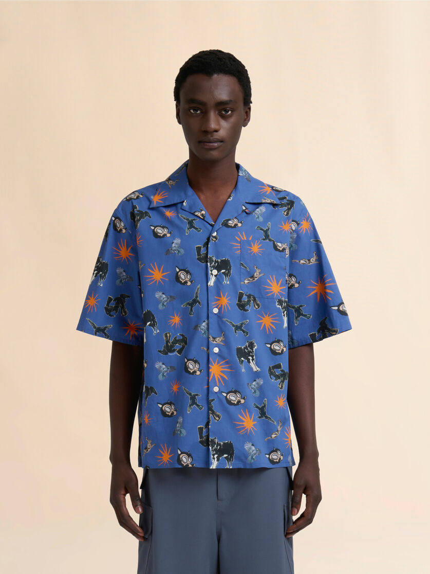 Blue poplin bowling shirt with Wolves, Ravens and Doves print - Shirts - Image 2