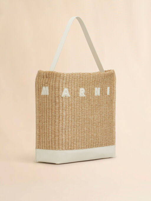 Medium natural woven fabric Museo hobo bag with leather patches - Shopping Bags