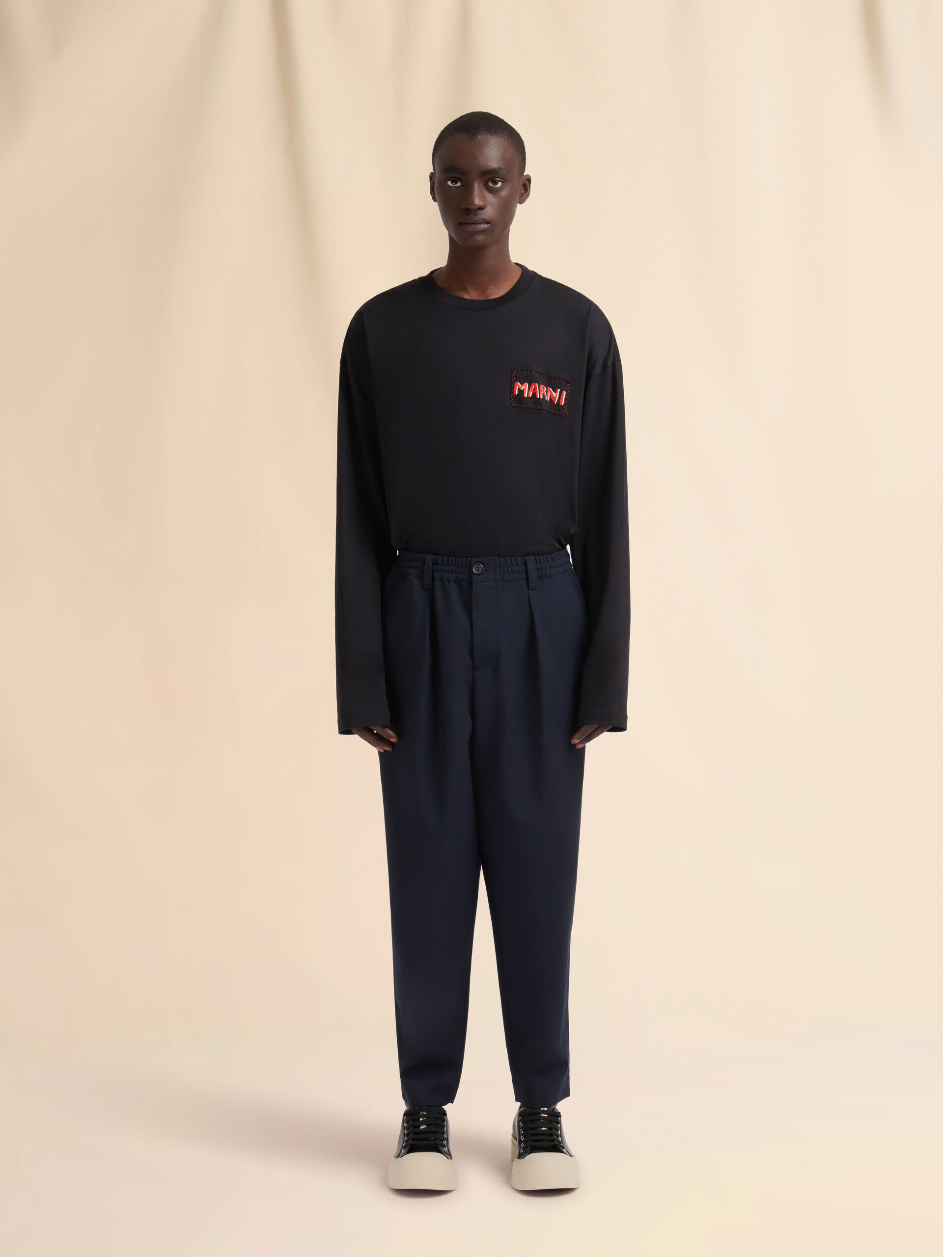 MARNI マルニ ウエストロゴウールワイドレッグパンツ ネイビー ワイドパンツ MARNI(マルニ) パンツ(レディース) - 海外通販のBUYMA