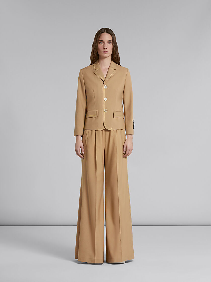 Beige flared wool trousers with logo waist - Pants - Image 2