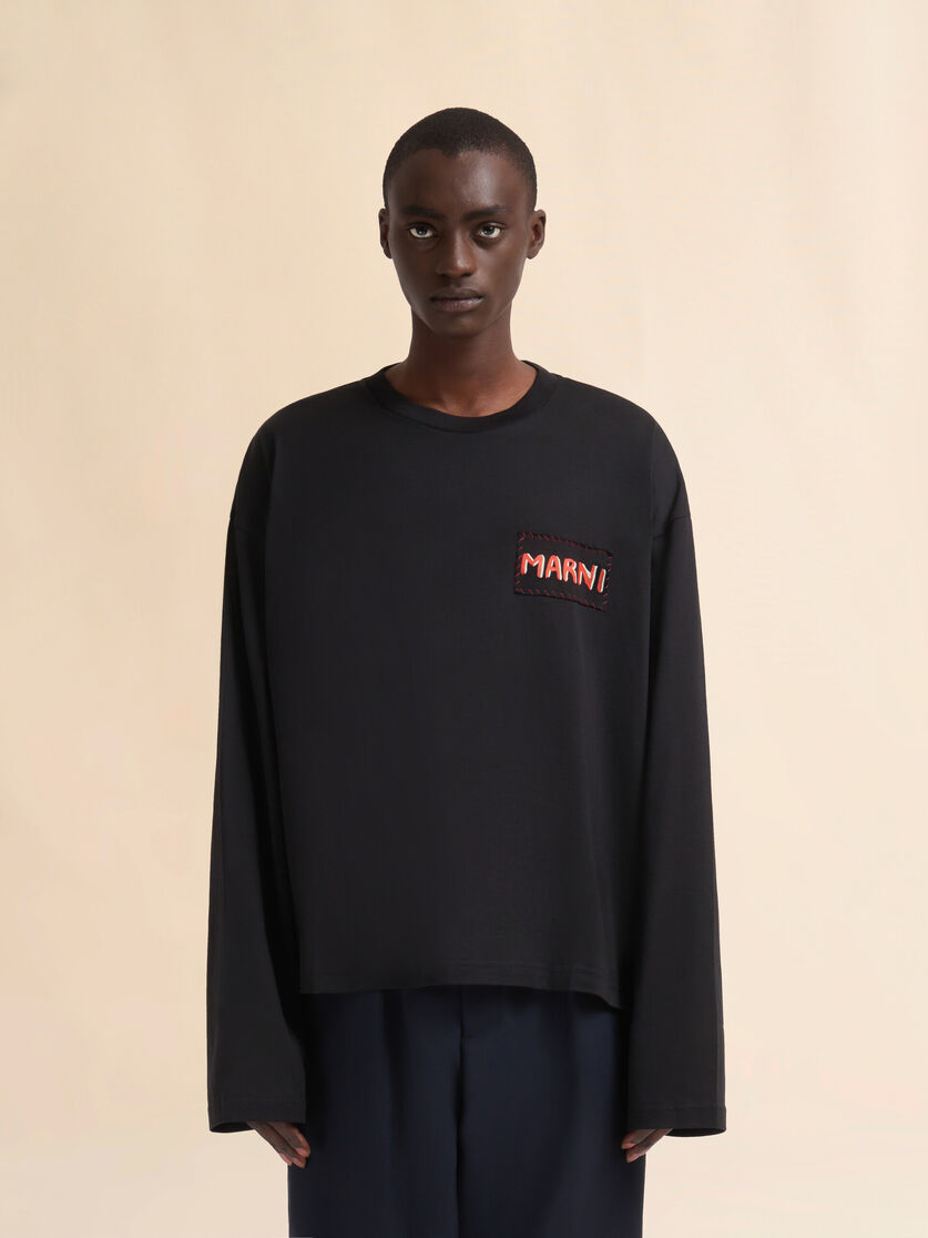Black oversized jersey cotton T-shirt with Marni label - Shirts - Image 2
