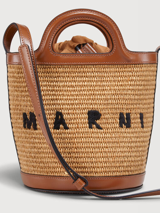 Tropicalia Small Bucket Bag in brown leather and raffia-effect fabric - Shoulder Bag