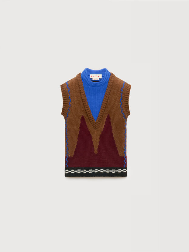 Brown wool layered vest with M intarsia - Pullovers