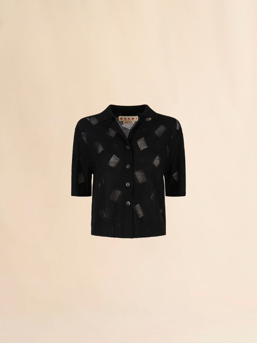 Camicia in filato traforato di lana e seta nero - Camicie - Image 1