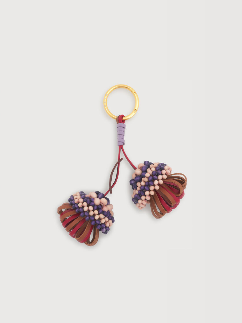 Brown and red leather keyring with wooden bead detail, Image 1