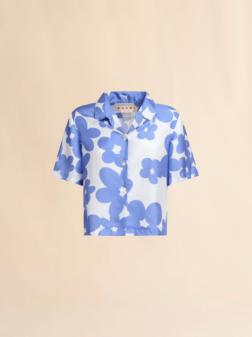 Chemise bowling en soie avec imprimé Dillies blanc et bleu - Chemises - Image 1