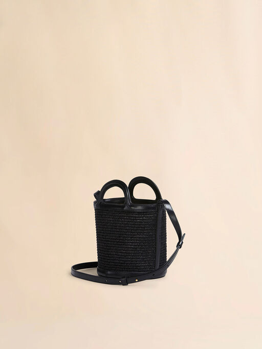 Tropicalia Small Bucket Bag in black leather and raffia-effect fabric - Shoulder Bag