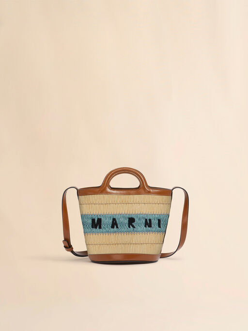 Tropicalia Bag mini a secchiello in tessuto effetto rafia e crochet blu - Borse a spalla