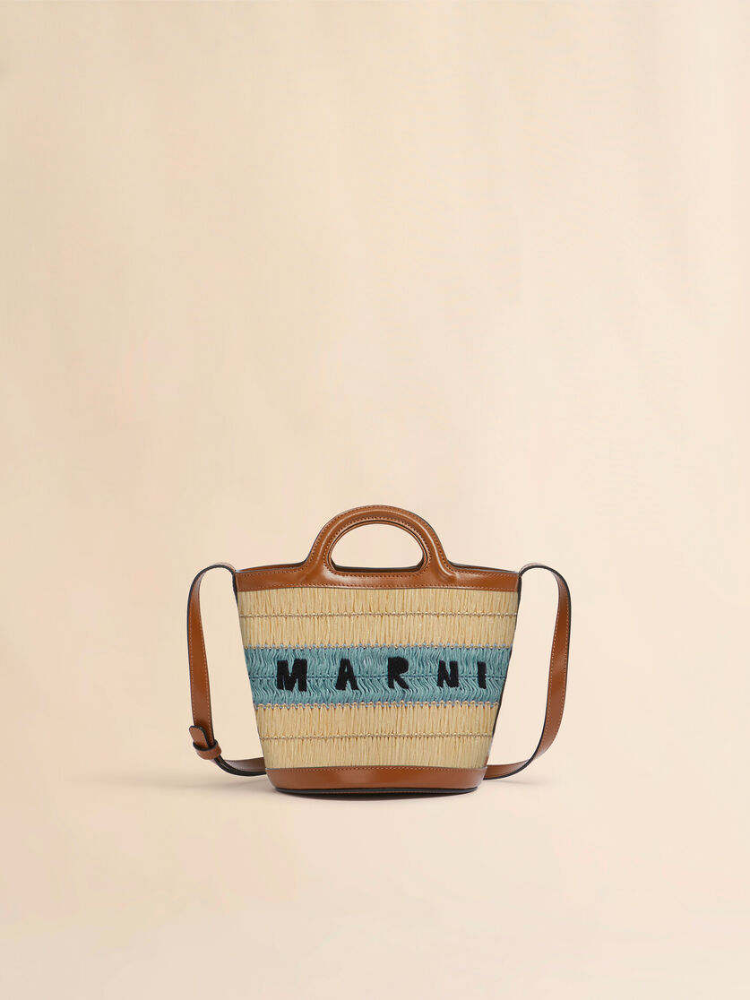 Mini-Eimertasche Tropicalia aus Stoff mit Bast-Optik und blauem Häkeleinsatz - Schultertaschen - Image 1