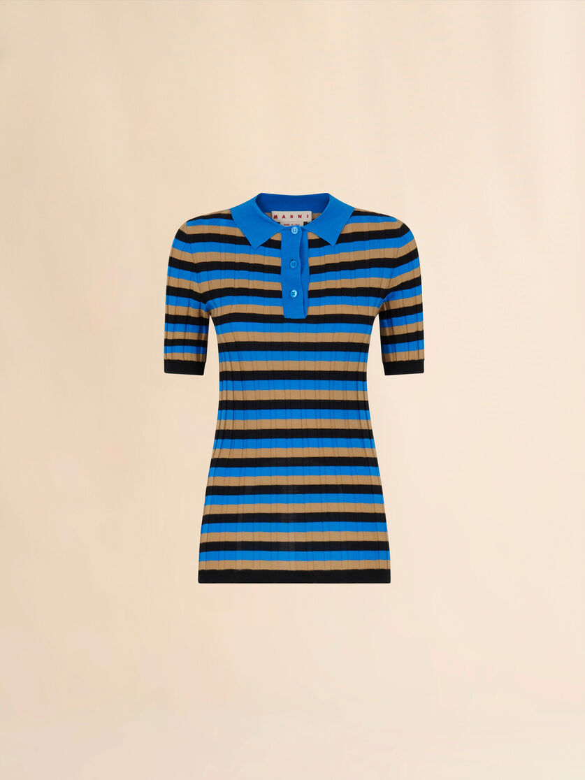 Brown and blue striped wool polo shirt - Shirts - Image 1