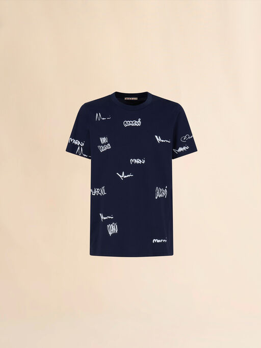 Deep blue cotton T-shirt with Multigram Marni print - Shirts