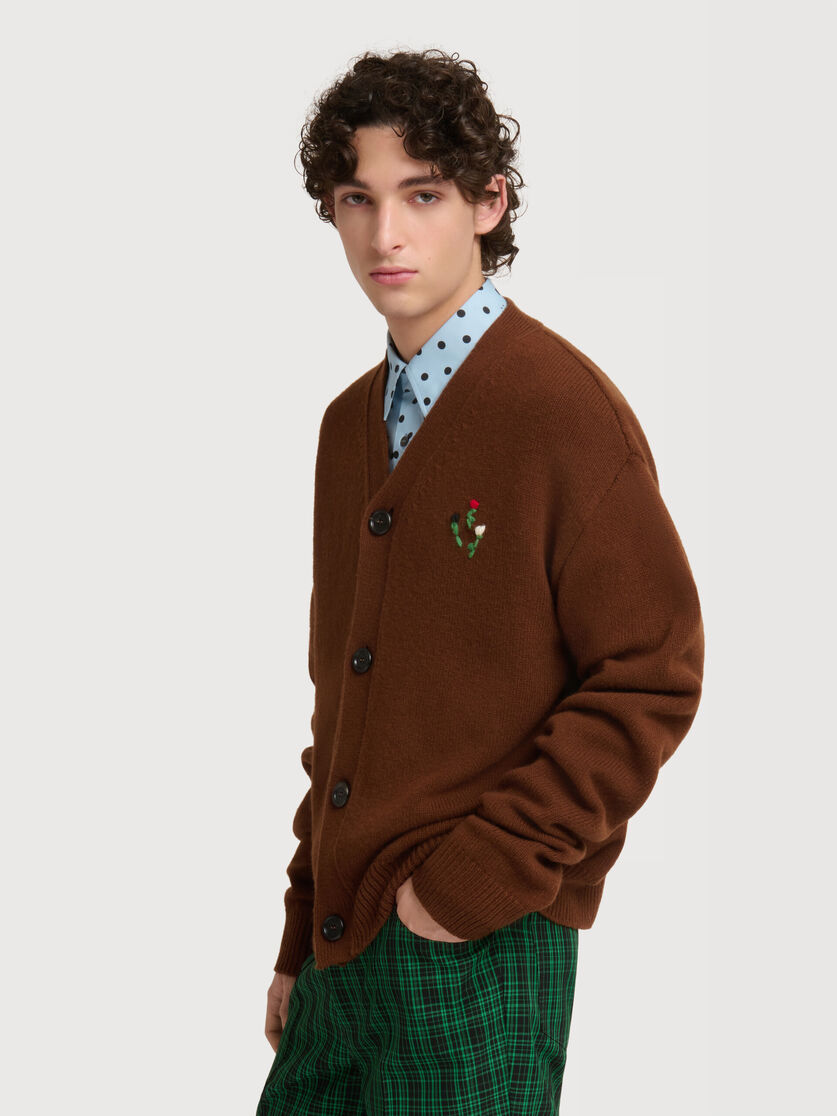 Brown wool-cashmere cardigan with flower embroidery, Image 3