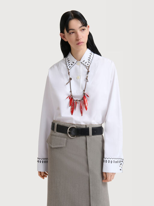 White poplin half-button shirt with broderie anglaise - Shirts
