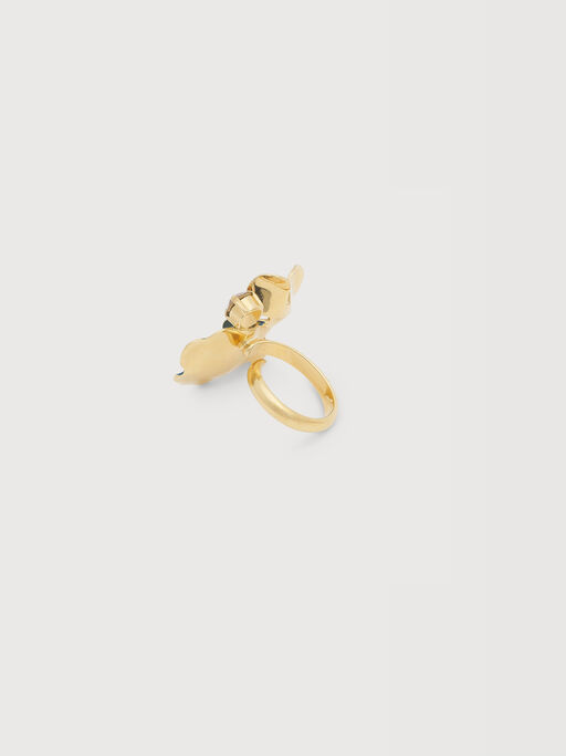 Cream and burgundy enamel flower ring with rhinestones - Rings