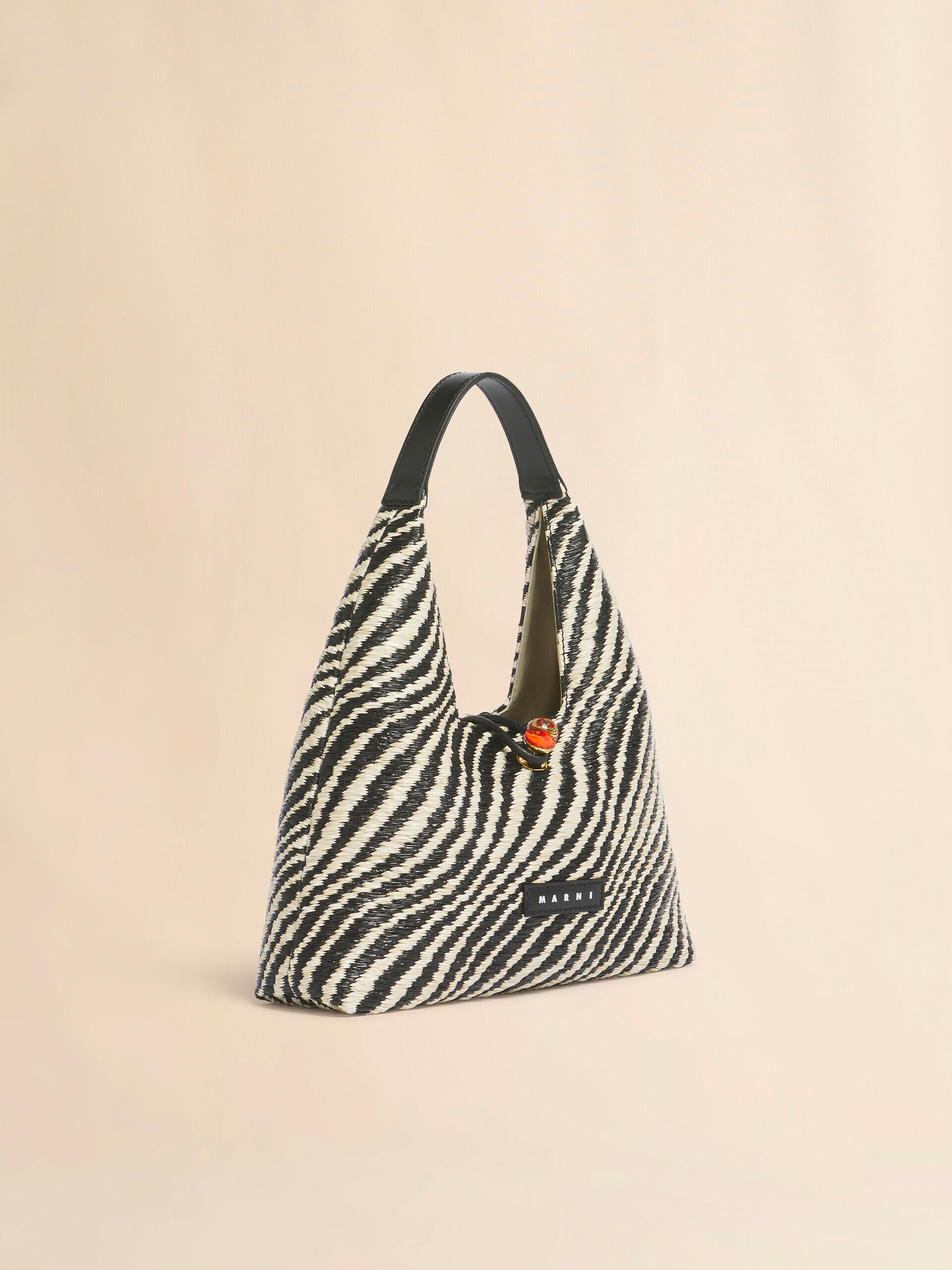 Black wavy raffia-effect Trapeze mini top handle bag | Marni