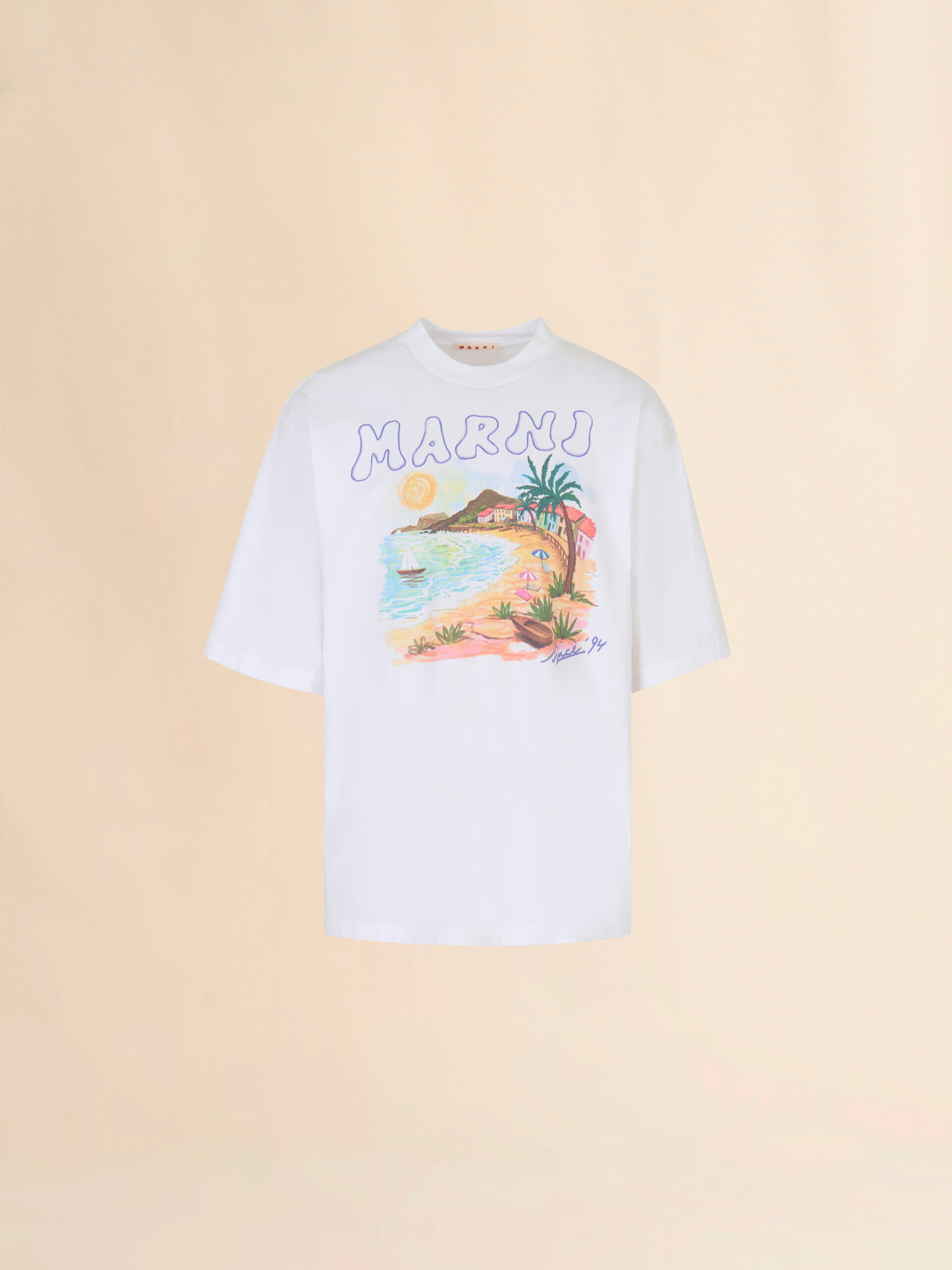 White cotton T-shirt with Marni Beach postcard print | Marni