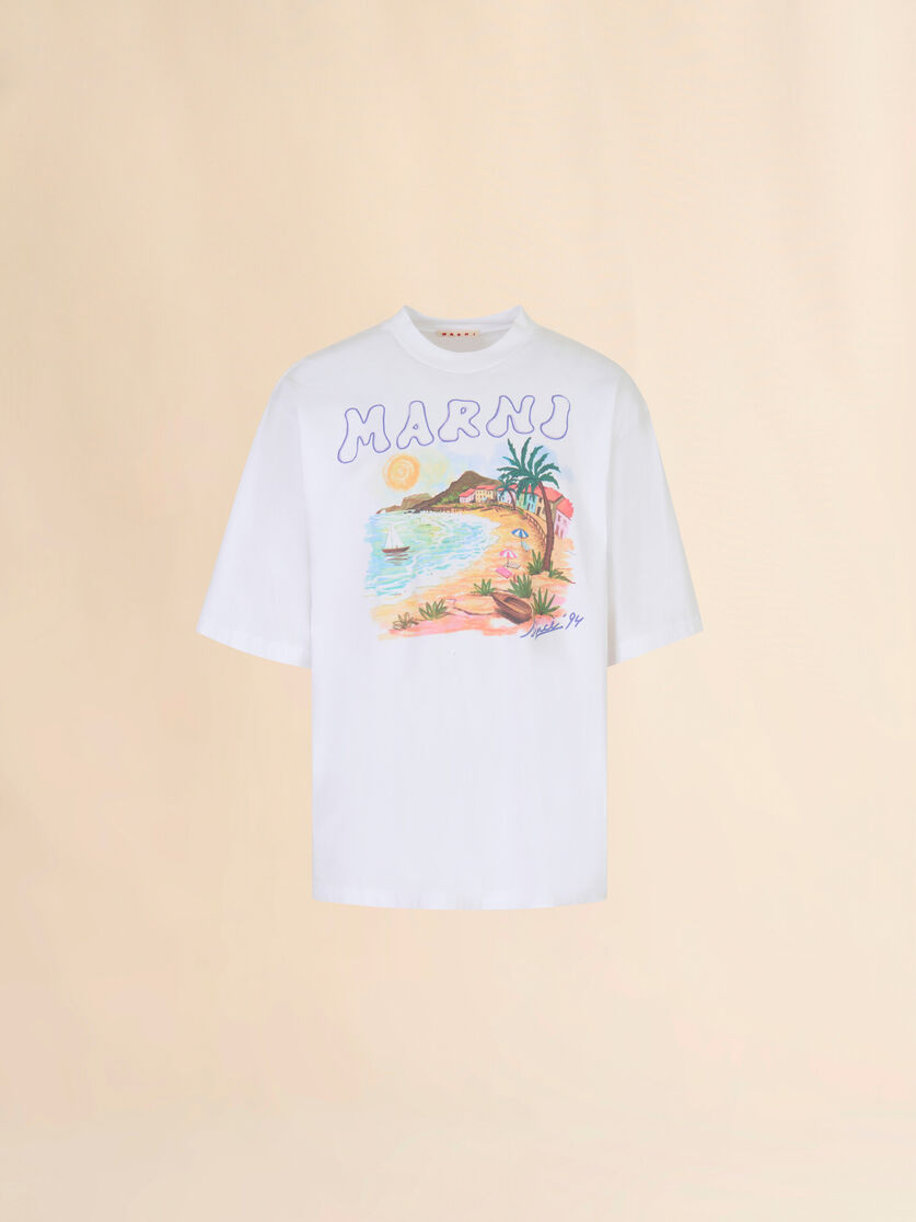 White cotton T-shirt with Marni Beach postcard print, Image 1