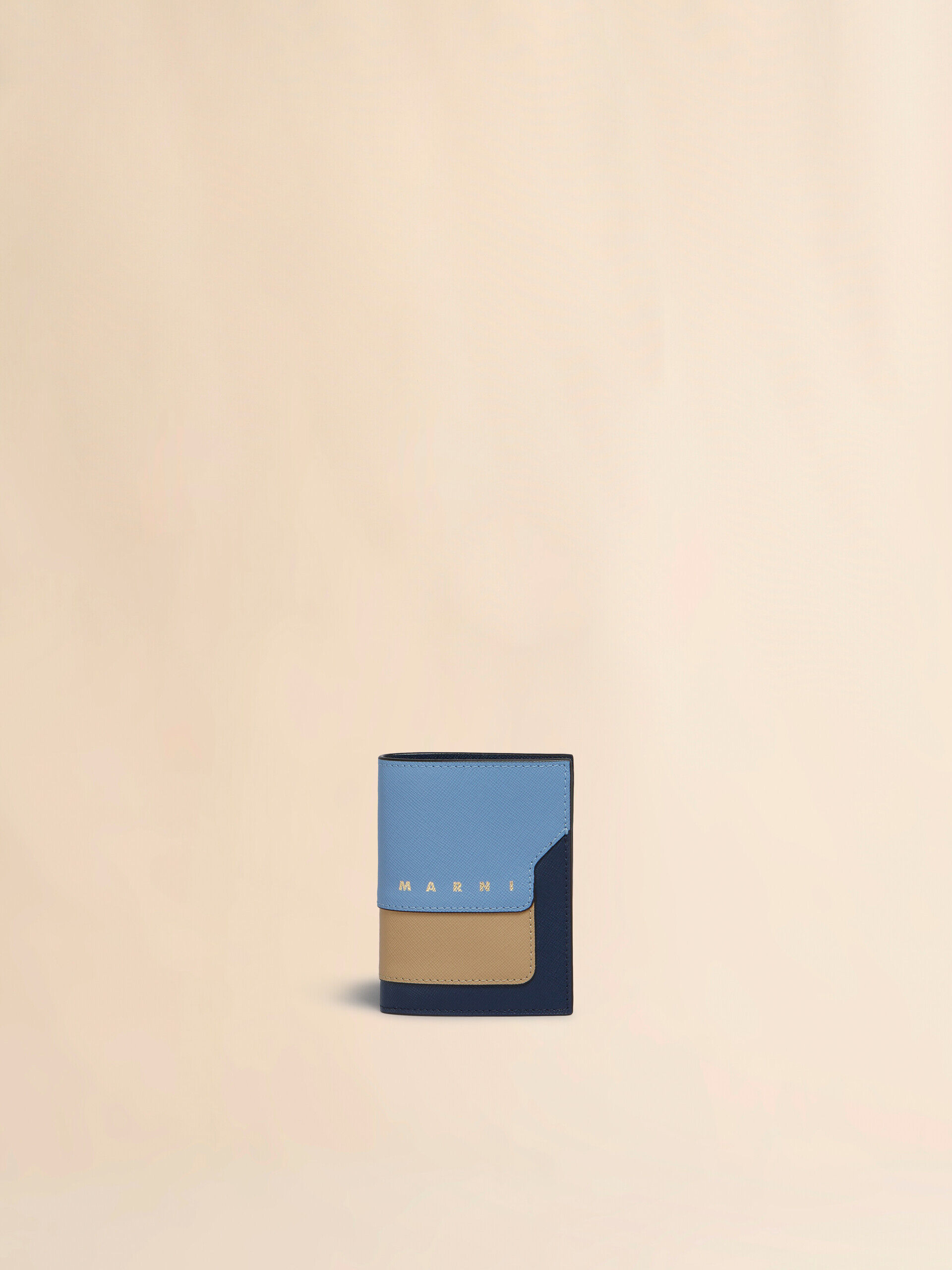 Blue, beige and light blue saffiano leather bi-fold wallet