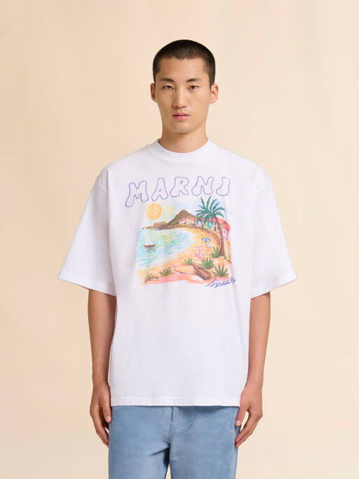White cotton T-shirt with Marni Beach postcard print - Shirts