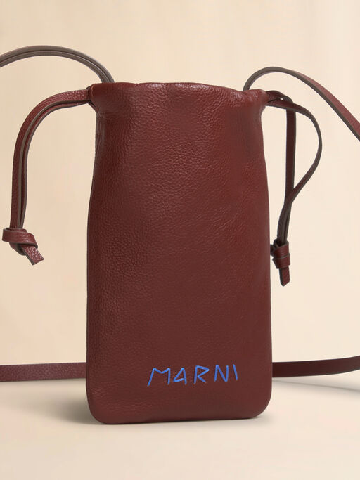 Brown leather drawstring phone holder with Marni Mending - Wallets and Small Leather Goods