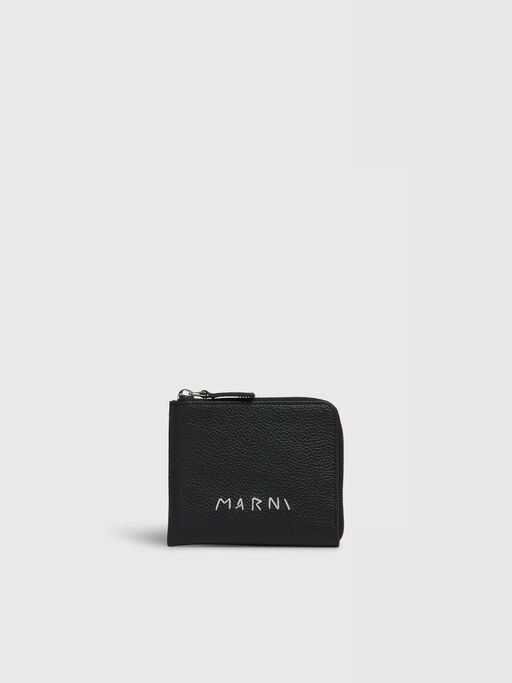 Black leather zip-around wallet with Marni Mending embroidery - Wallets