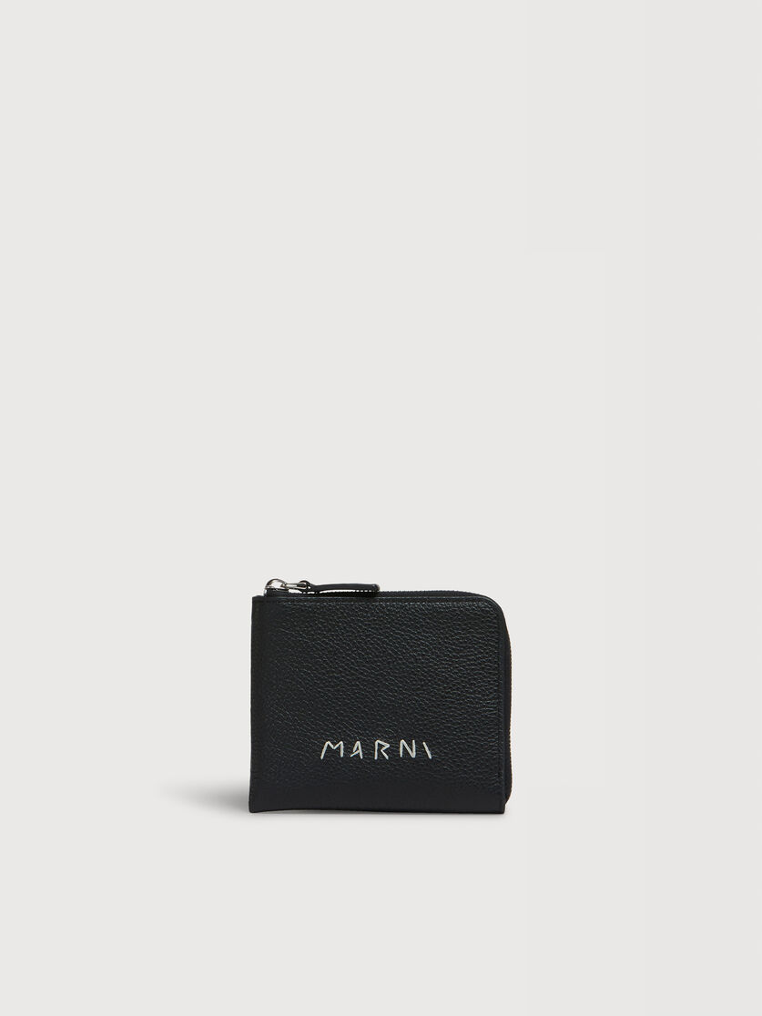 Black leather zip-around wallet with Marni Mending embroidery, Image 1