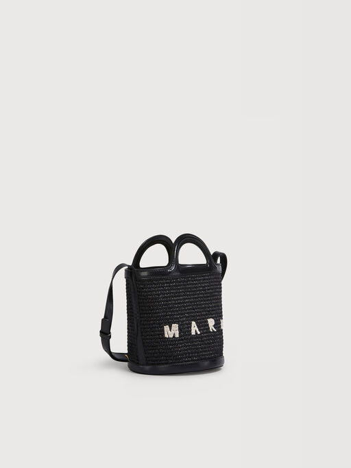 Tropicalia Small Bucket Bag in black leather and raffia-effect fabric - Shoulder Bag