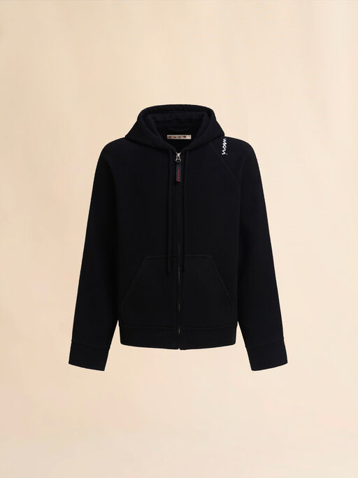 ブラック ウール＆カシミアフード付きジャケット、マルニシンボル入り - ジャケット
