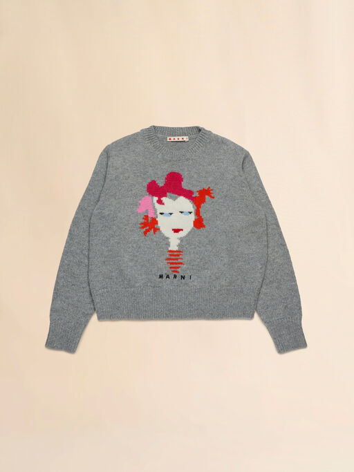 Grey melange wool-nylon jumper with intarsia lady - Knitwear