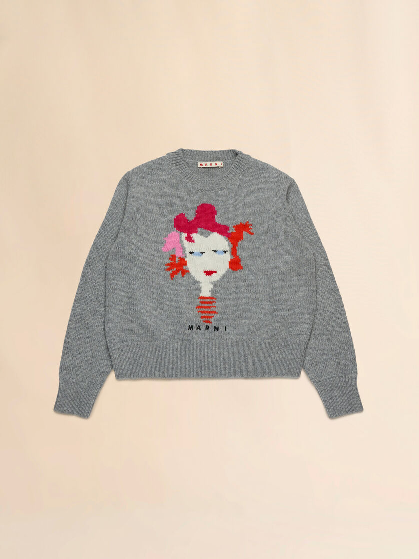 Grey melange wool-nylon jumper with intarsia lady - Knitwear - Image 1