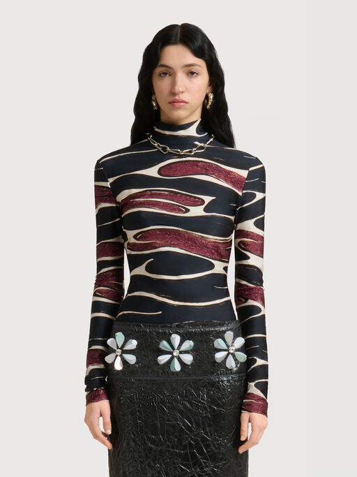 Black lycra top with Crimson Flow print - T-shirts